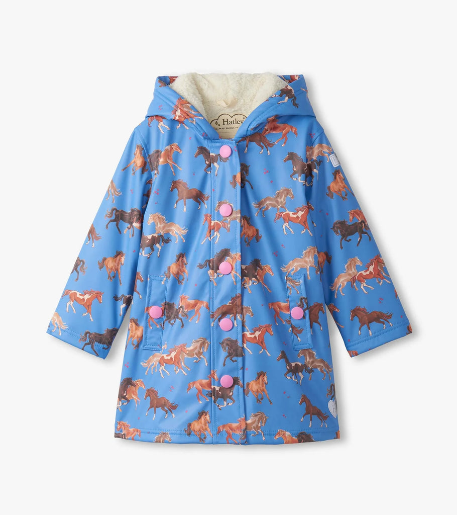 Hatley girls waterproof raincoat with warm fleece lining and pink snaps – front view