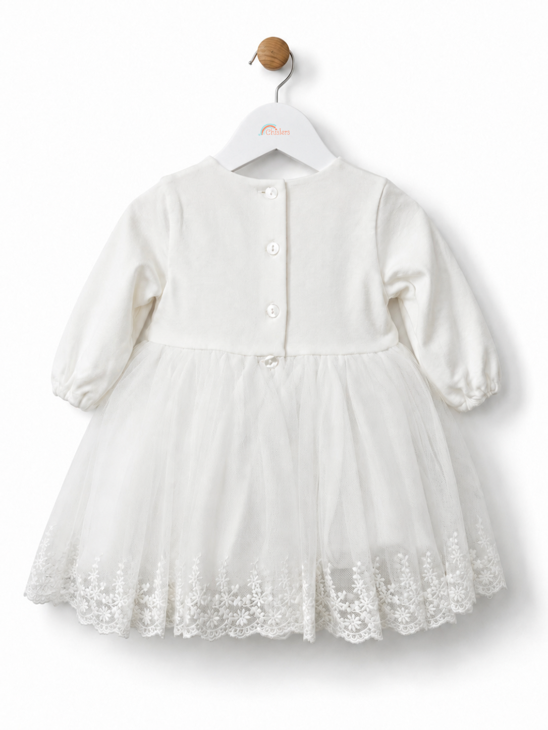     Back view of iDO Mini baby girls ivory christening dress with long sleeves and button fastenings