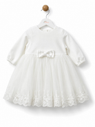     Front view of iDO Mini baby girls ivory christening dress with satin bow and embroidered tulle skirt