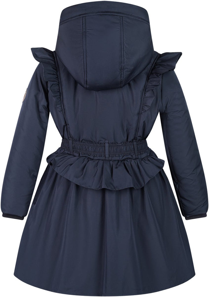 Le Chic Beth navy long winter coat – back view with ruffle details