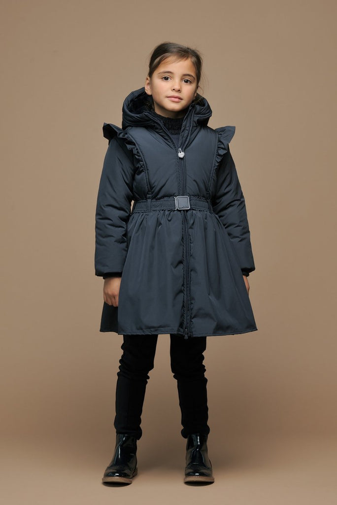 Le Chic Beth navy smart coat – close-up of belt and fabric detailing