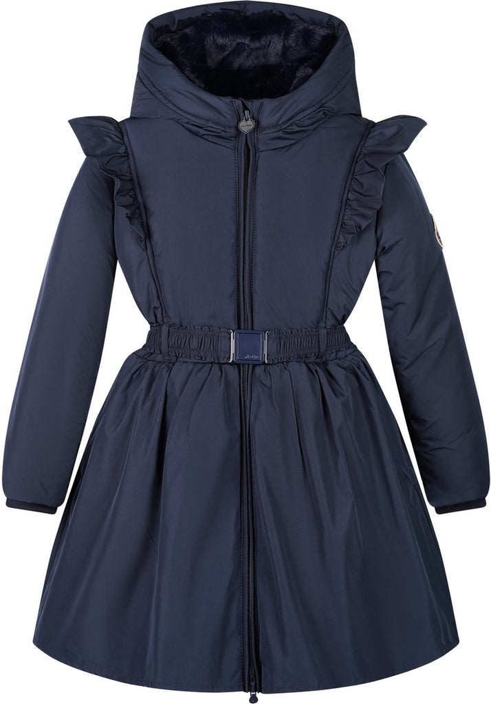 Le Chic Beth navy girls long coat with belt and hood – front view