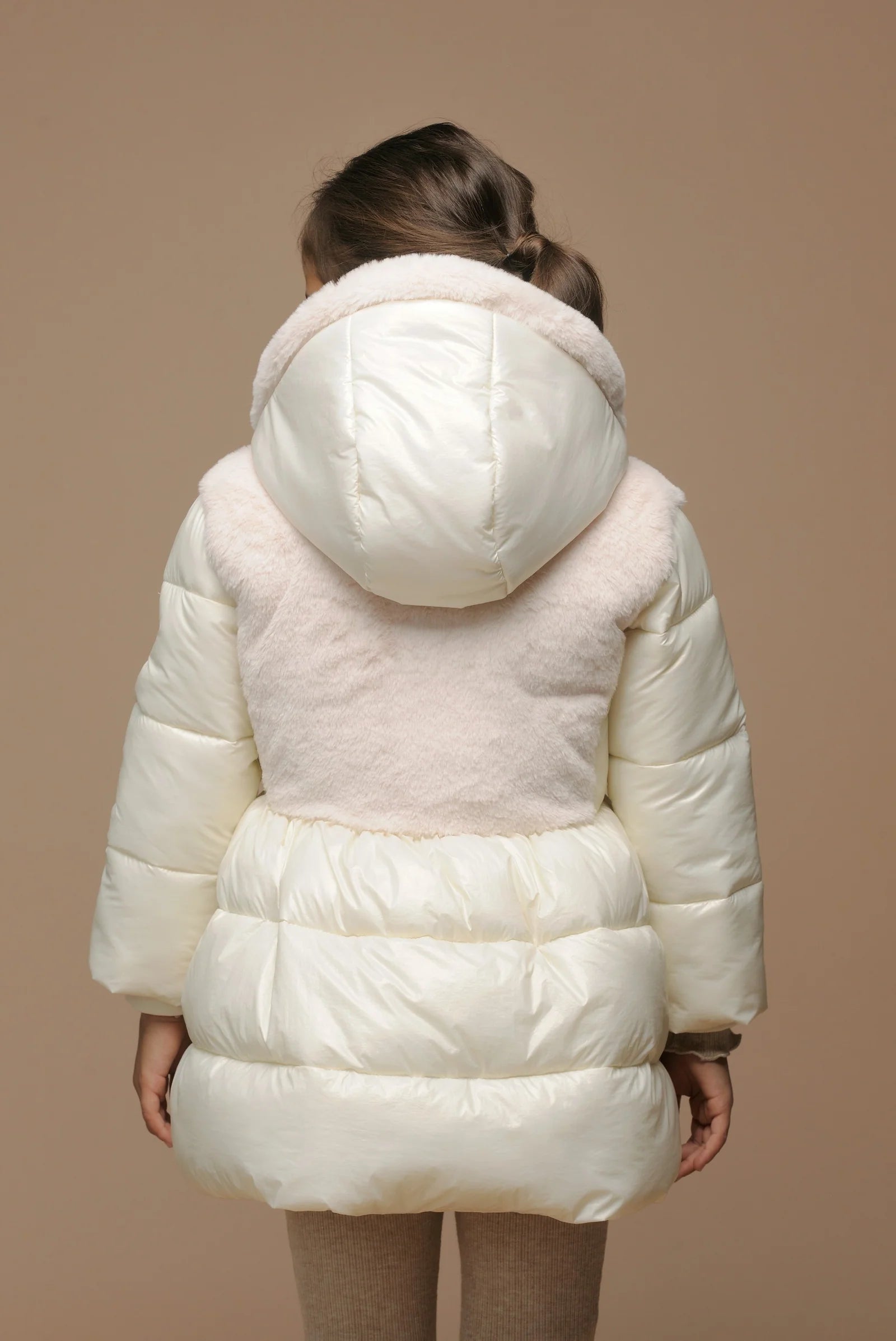  Chic girls winter white long quilted puffer jacket with hood on back 