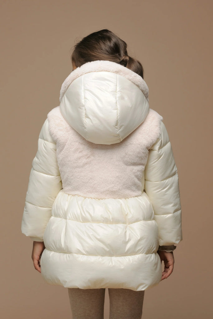  Chic girls winter white long quilted puffer jacket with hood on back 