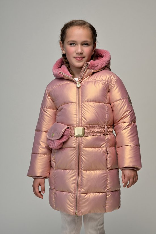 Le Chic girls pink long winter padded coat – close-up on faux fur lining and belt