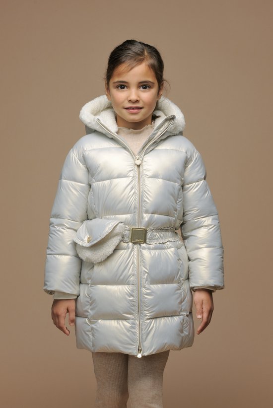 Le Chic girls silver long puffer coat – close-up showing faux fur hood and belt