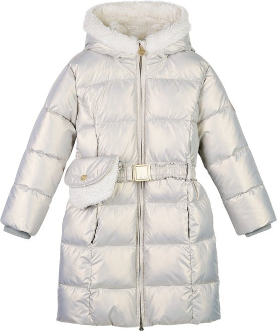Le Chic Bodhi girls silver long quilted coat with belt bag – front view