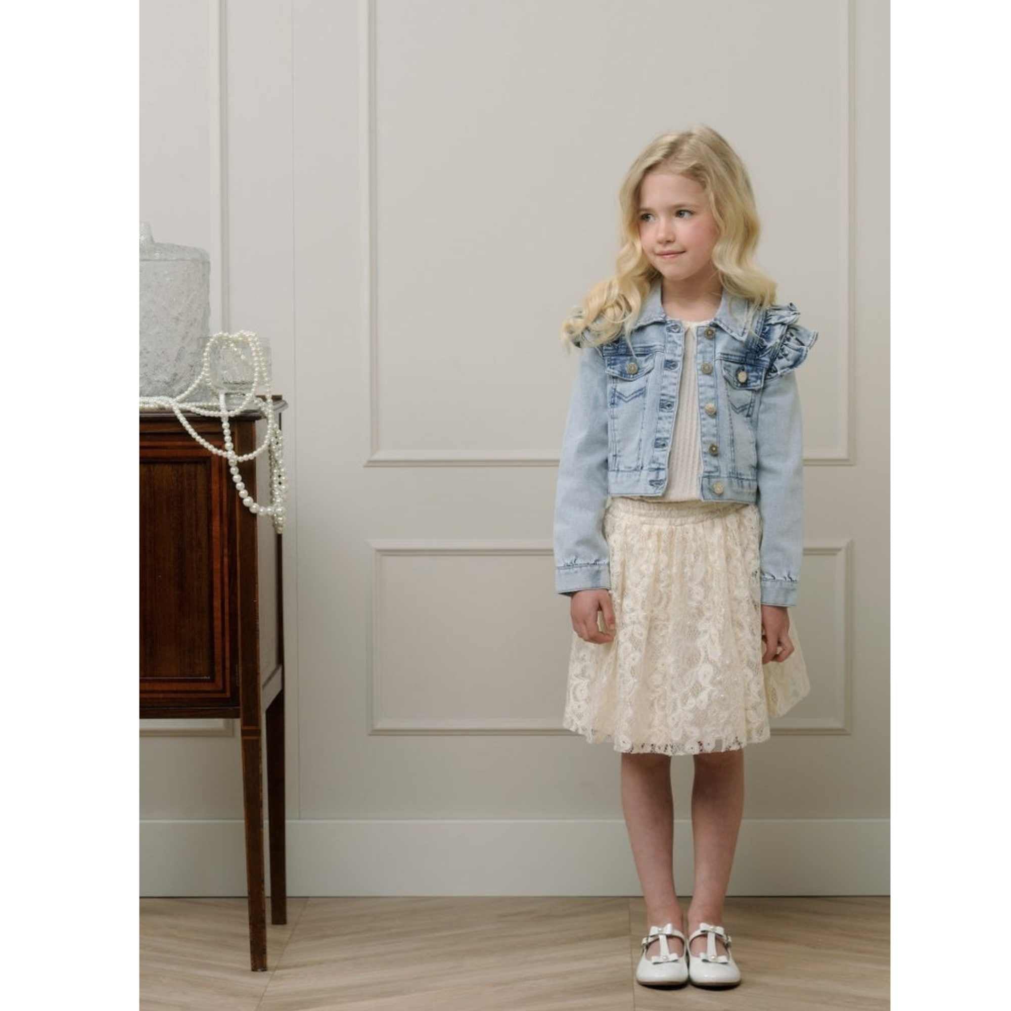 Le Chic Girls Ally Ruffles Light Blue Denim Jacket With Frill Shoulder