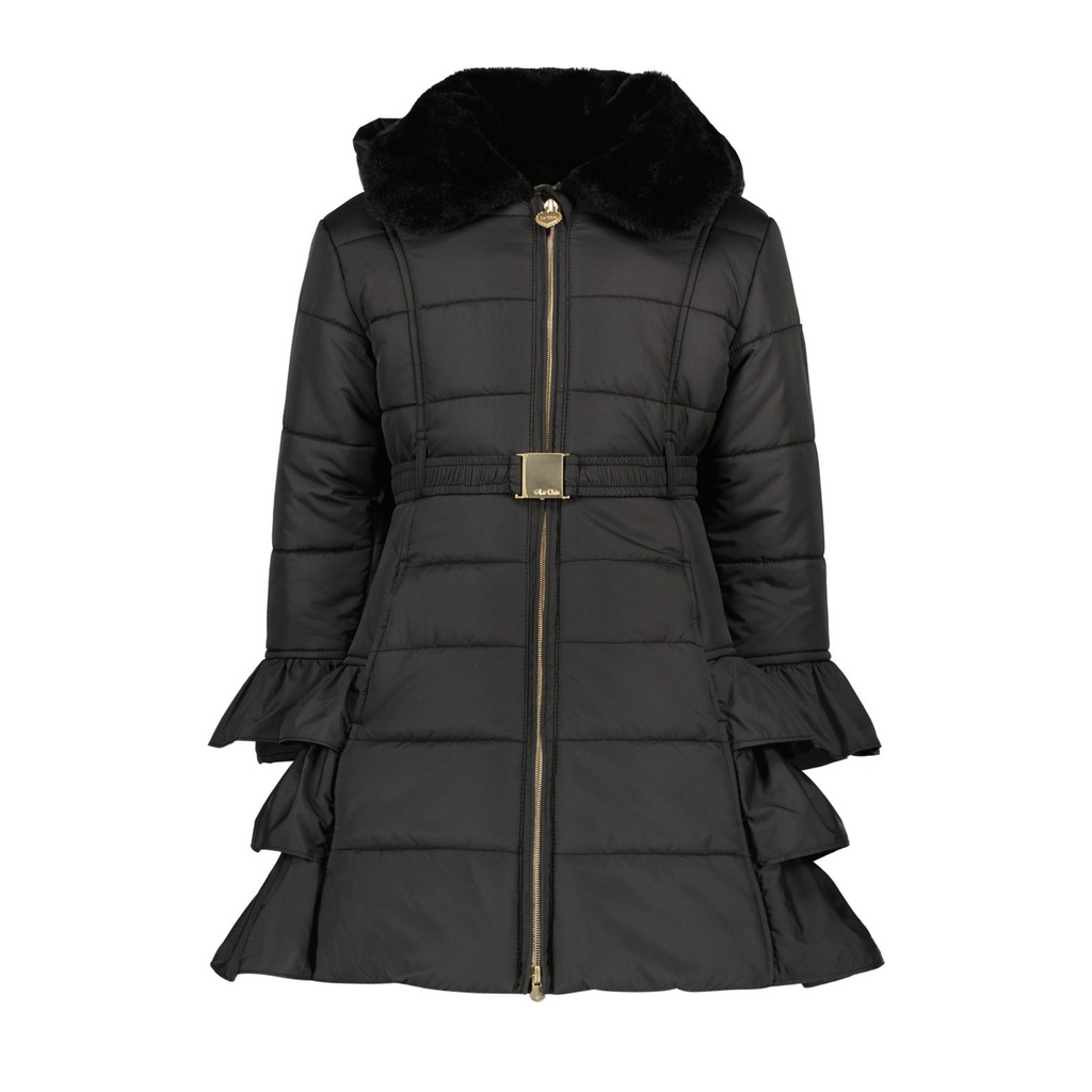 Le Chic Girls Black Ruffle Coat With Faux Fur Collar