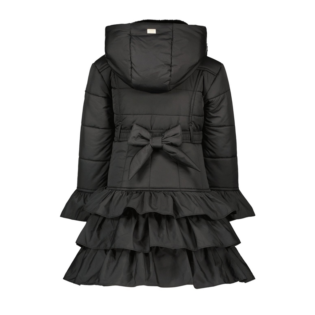 Le Chic Girls Black Ruffle Coat With Hood On Back