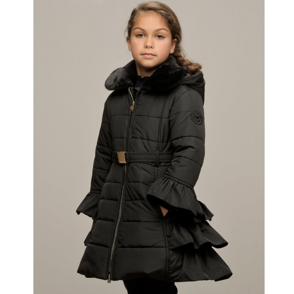 Le Chic Girls Black Ruffle Faux Fur Collar Coat