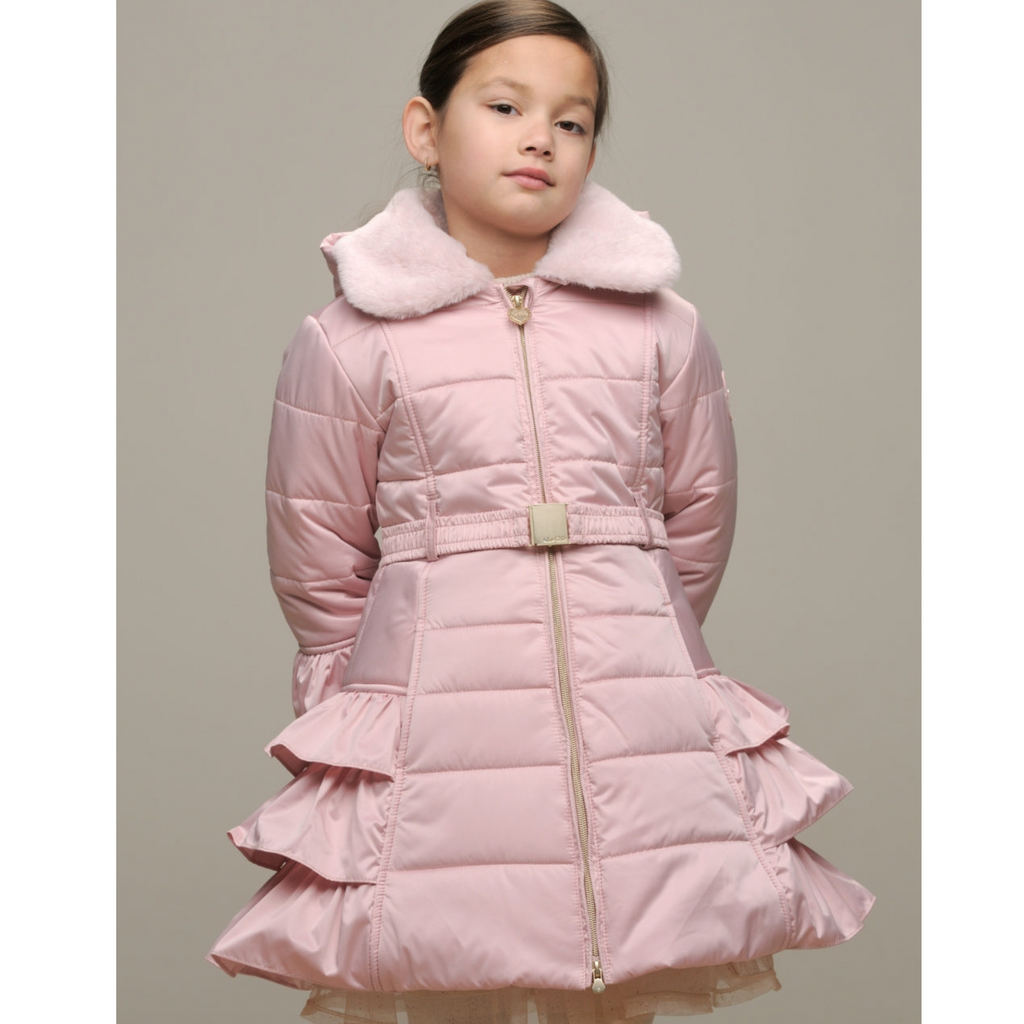 Le Chic Girls Cotton Candy Ruffle Coat In Soft Pink 