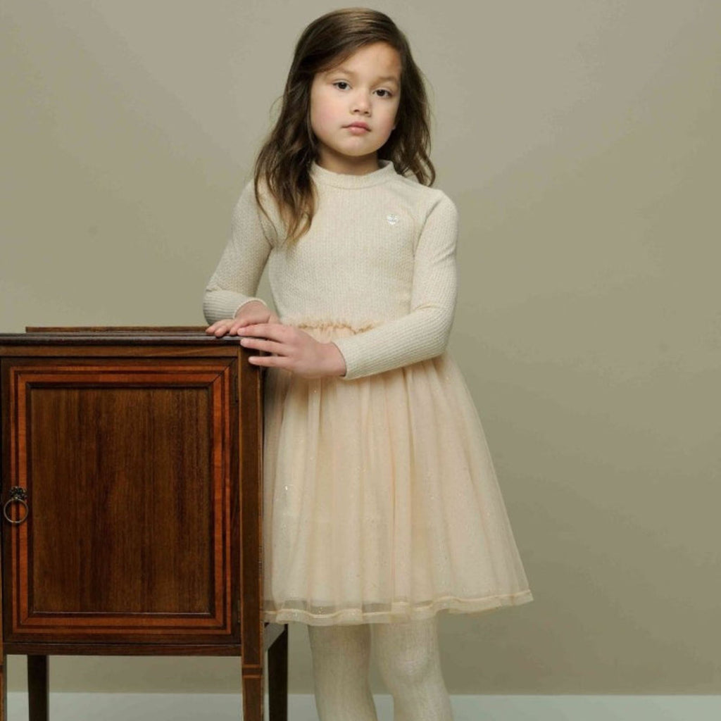 Le Chic Girls Long Sleeve Beige Knit Tulle Party Dress