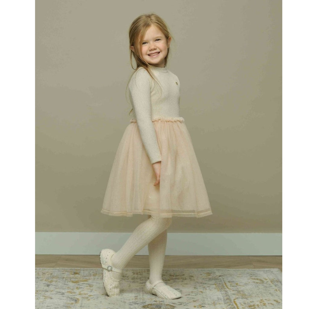 Le Chic Long Sleeve Beige Knit Tulle Girls Party Dress