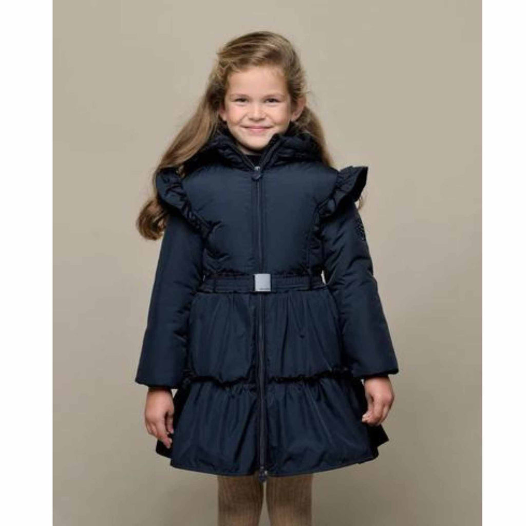 Le Chic Girls Ruffled Navy Warm Winter Coat With Belt