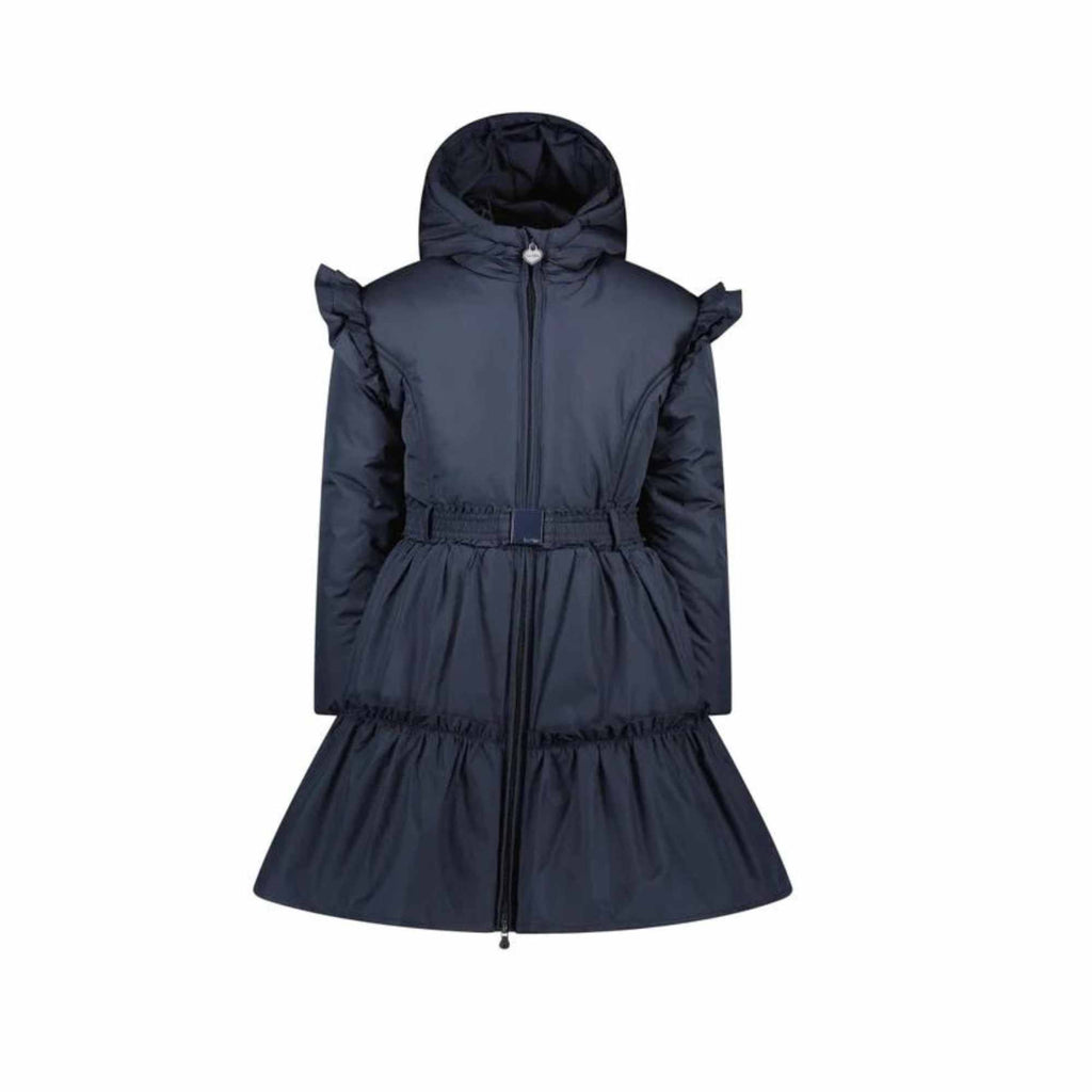 Le Chic Girls Ruffled Navy Hooded Coat With Belt
