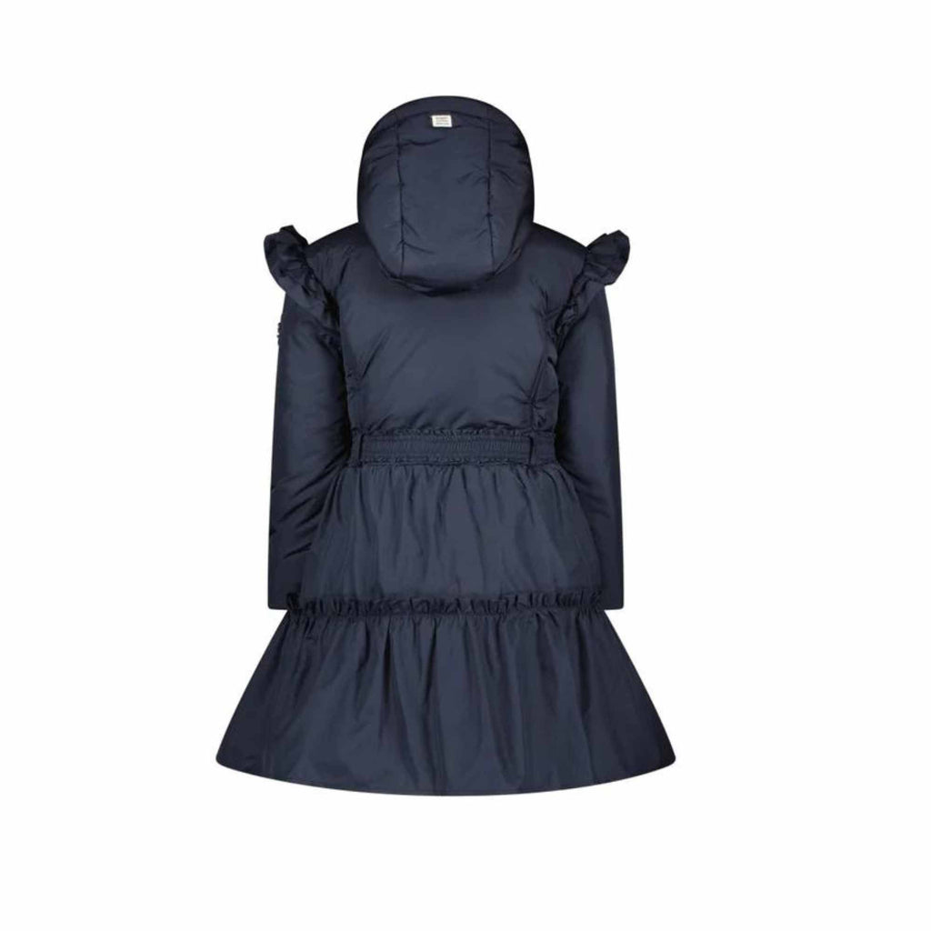 Le Chic Girls Ruffled Navy Hooded Coat With Belt From Back