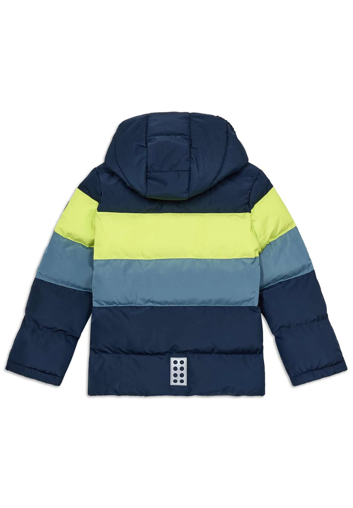 LEGO Wear boys navy and yellow padded jacket — back view with hood