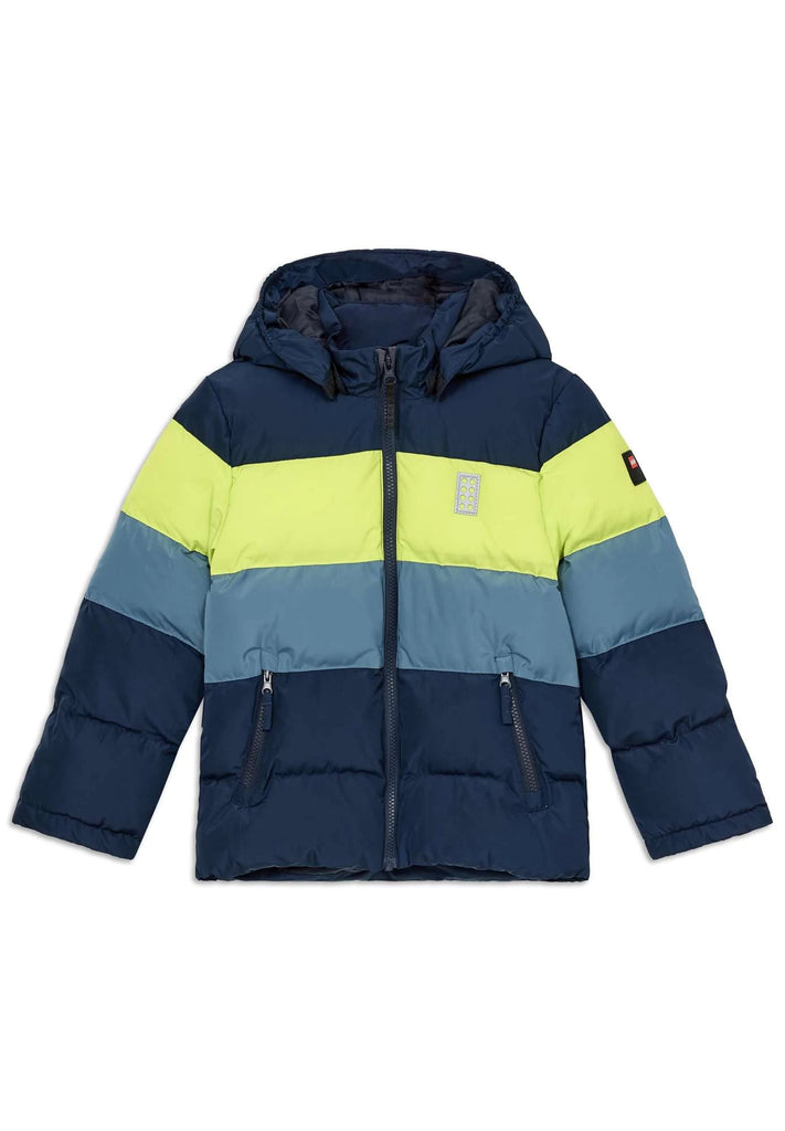 LEGO Wear boys navy and yellow stripe padded jacket — front view