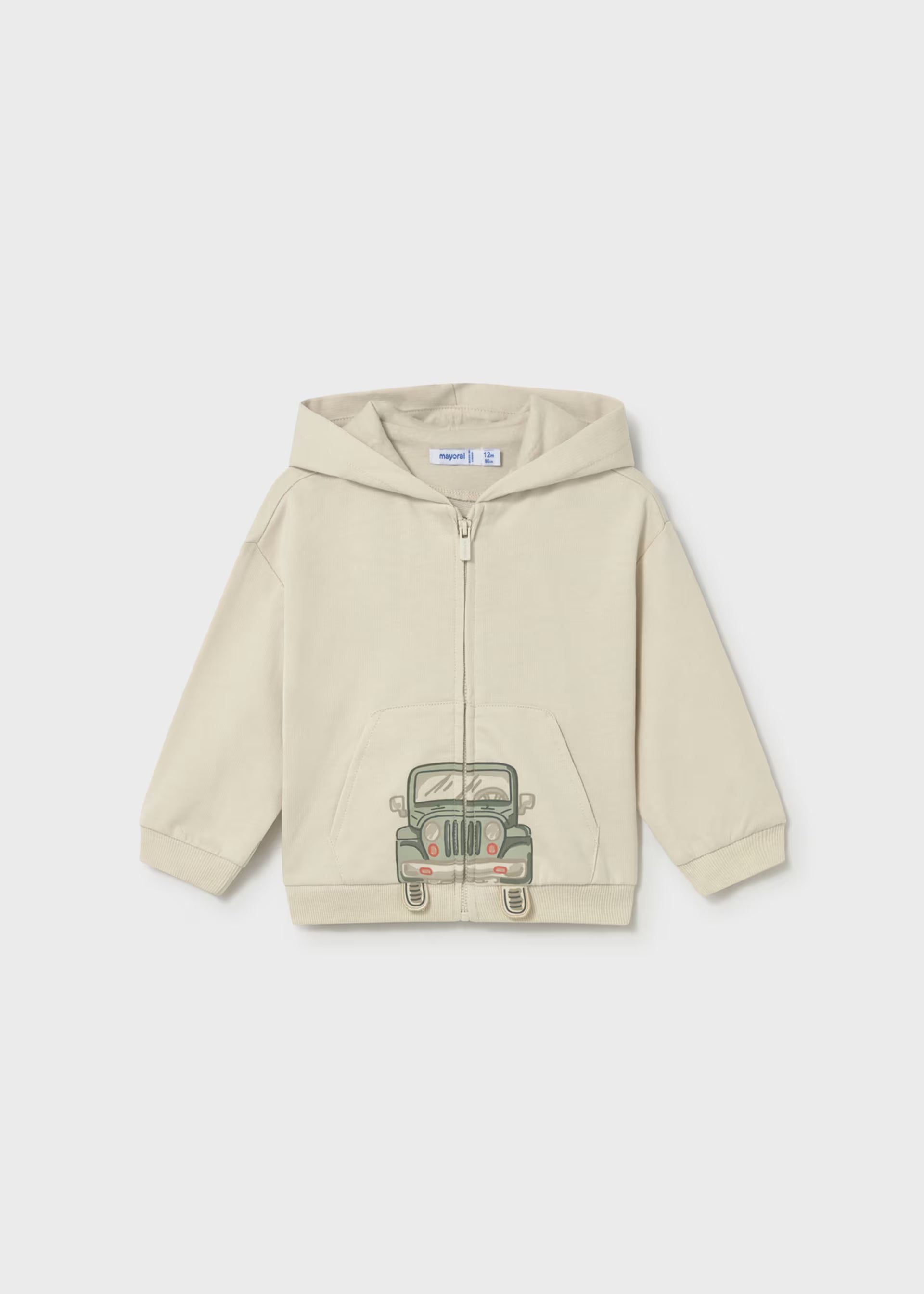 Mayoral boys beige truck zip hoodie baby toddler hoodie front view