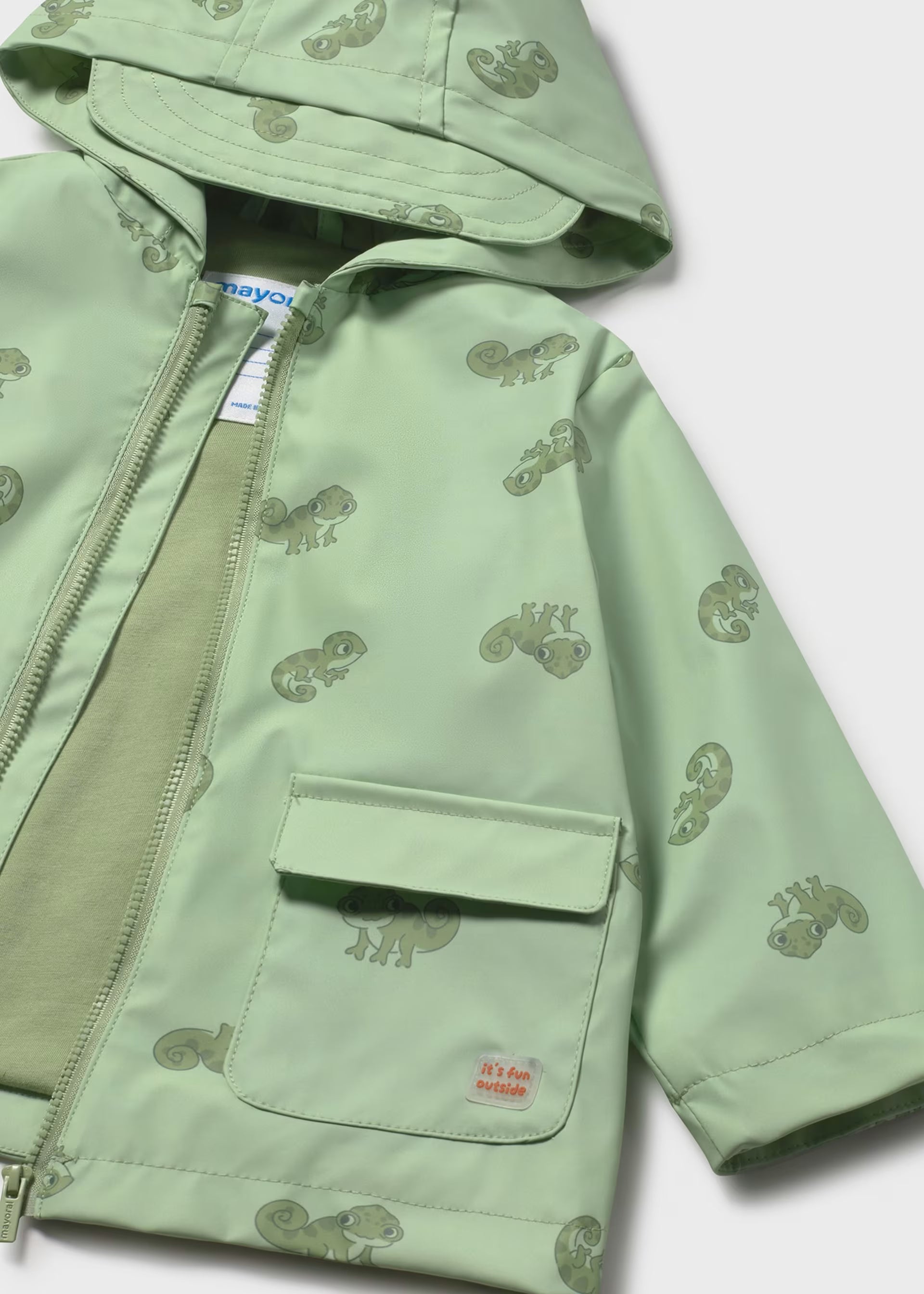 Mayoral boys waterproof raincoat close up hood and zip detail