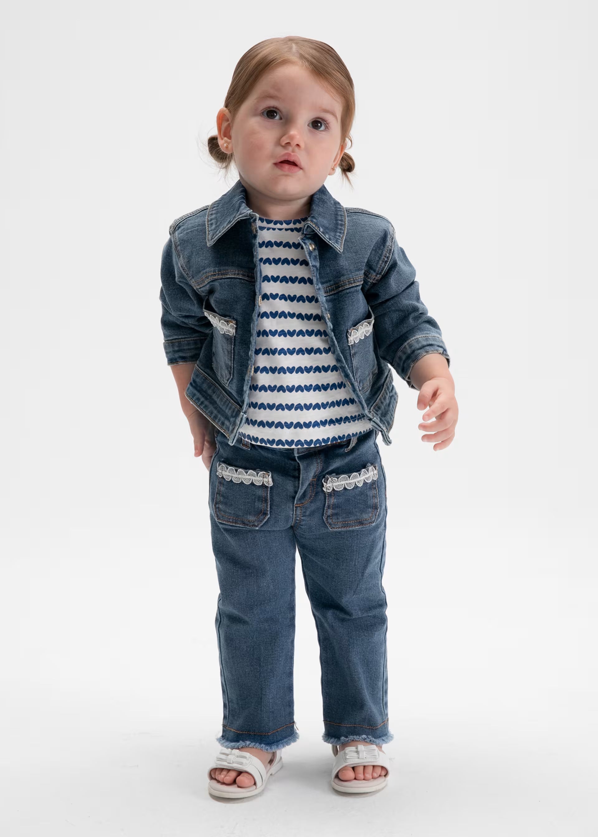 Mayoral baby girls dark denim jacket full outfit view