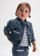 Mayoral baby girls dark denim jacket worn on model Aged 5 years 