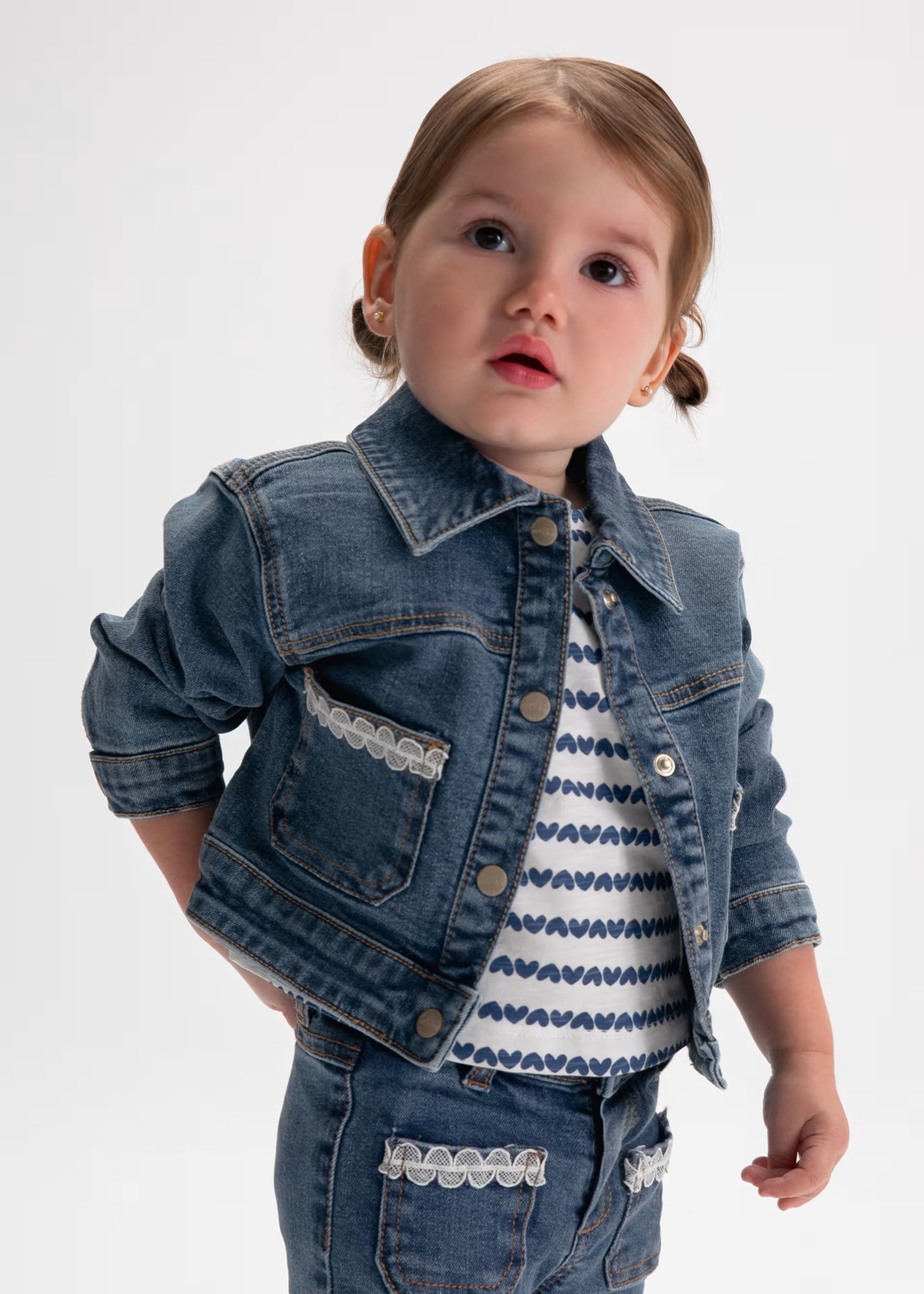 Mayoral baby girls dark denim jacket worn on model Aged 5 years 