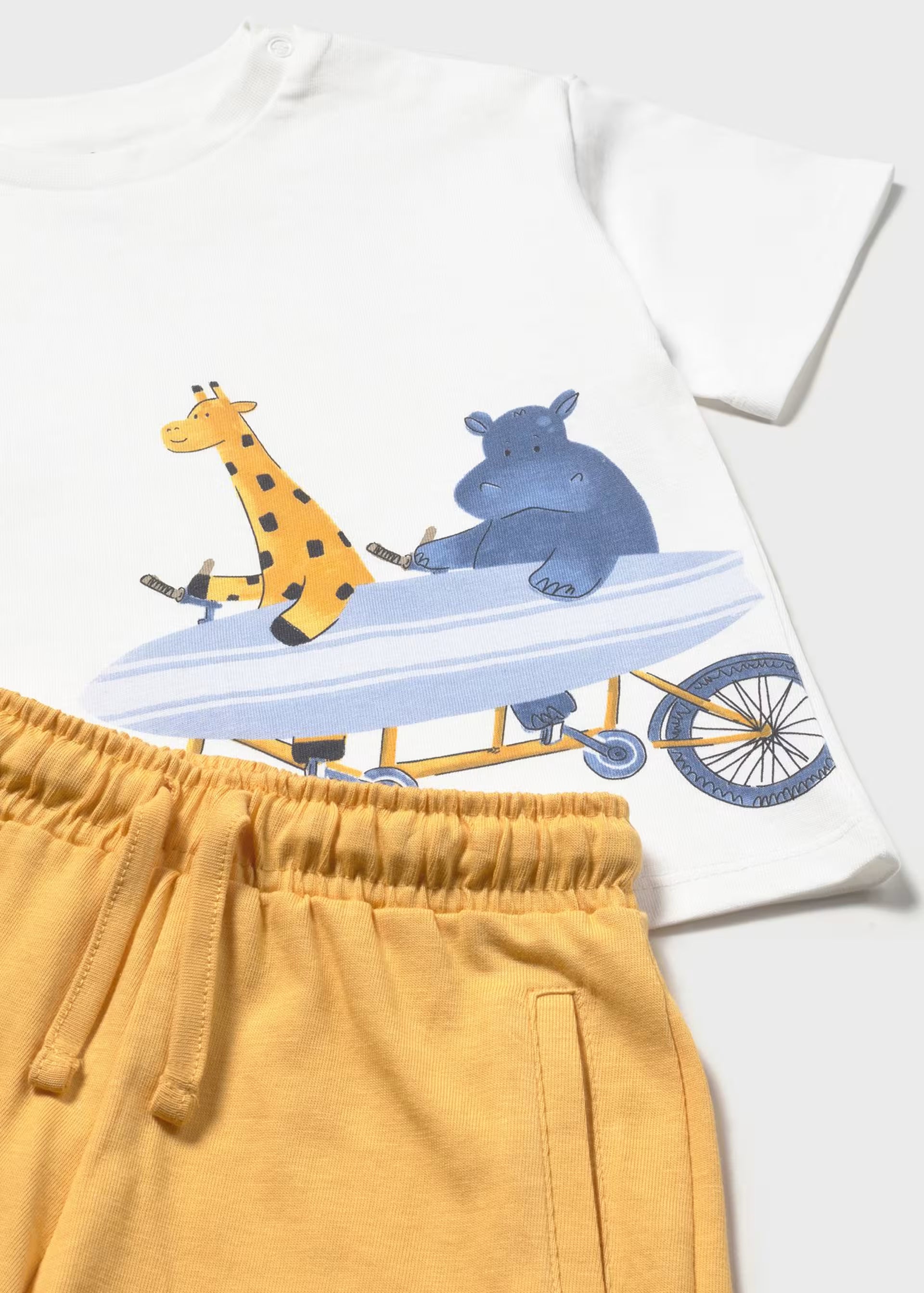 Mayoral baby boys Zoo Surfers graphic top and mustard shorts detail