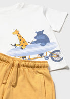 Mayoral baby boys Zoo Surfers graphic top and mustard shorts detail