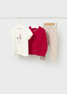 Mayoral girls 3 piece outfit set with cream top red cardigan and printed leggings