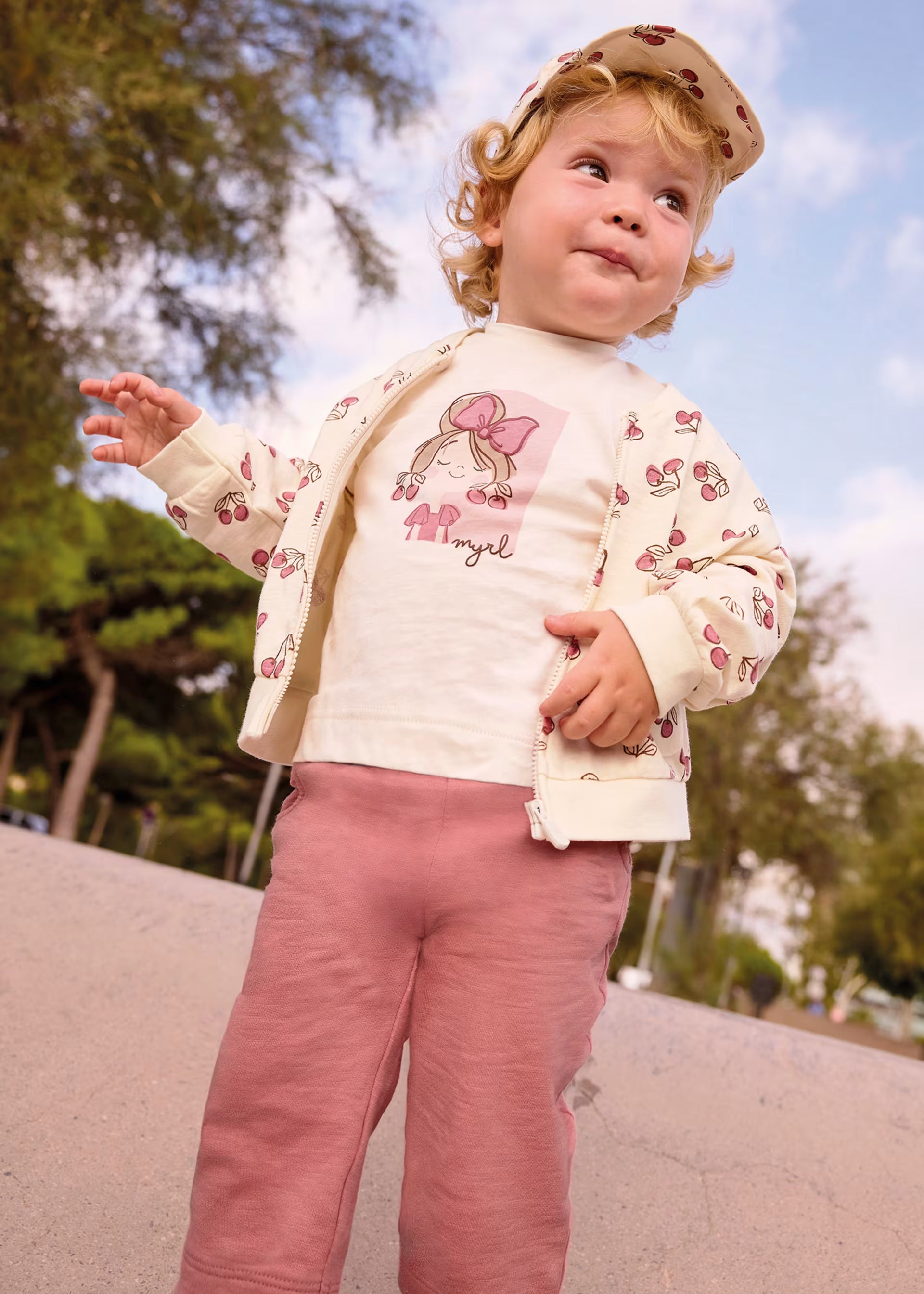Mayoral girls outfit cherry print hoodie and blush joggers