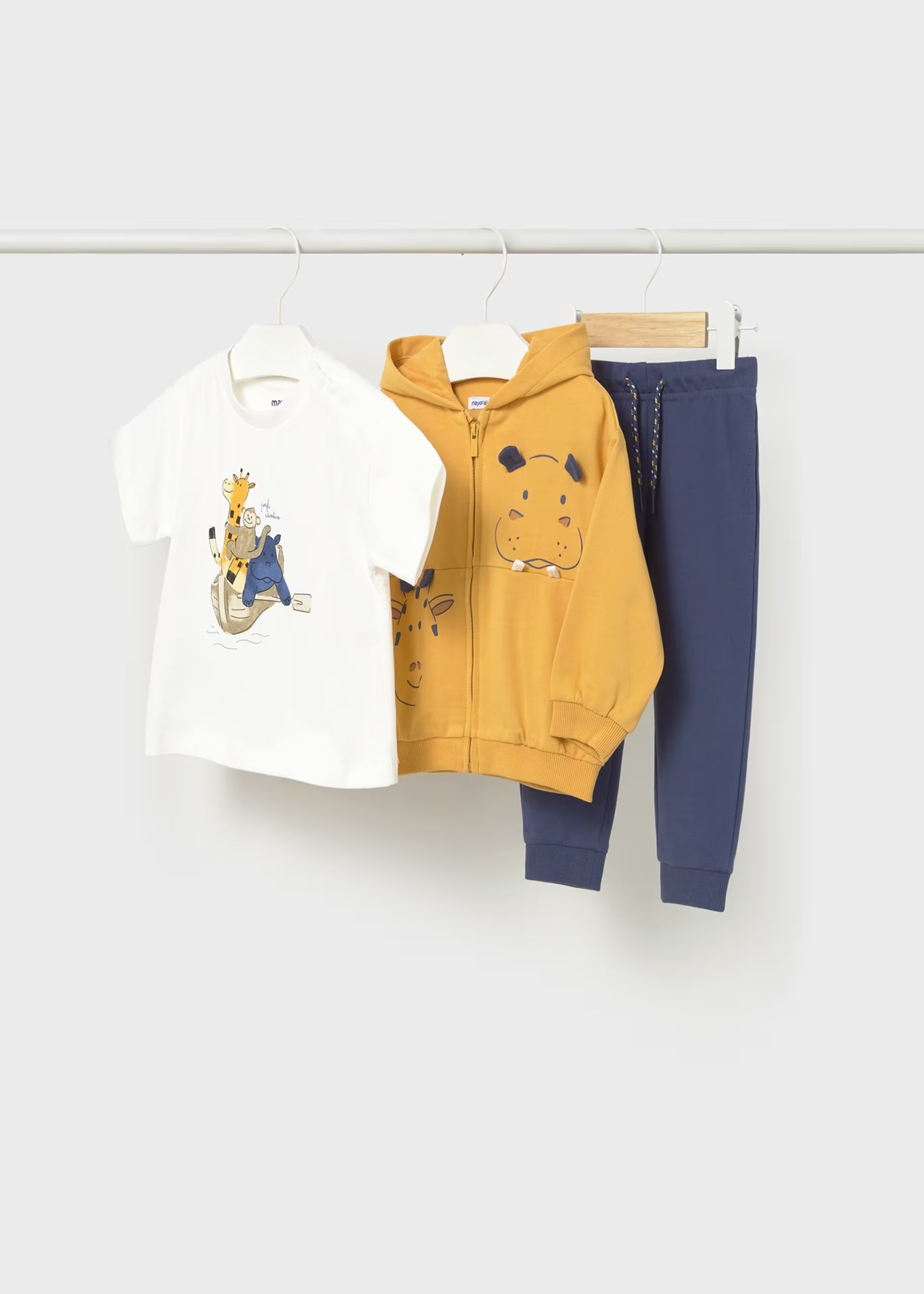 Mayoral baby boys zoo print tracksuit set with mustard hoodie and navy joggers 