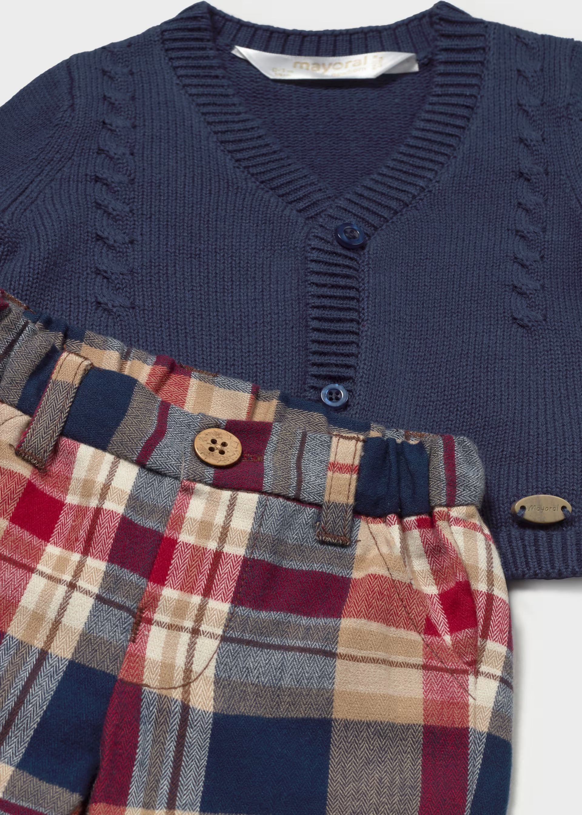 Close-up of Mayoral navy cardigan and red navy check trouser Christmas outfit set for baby boys