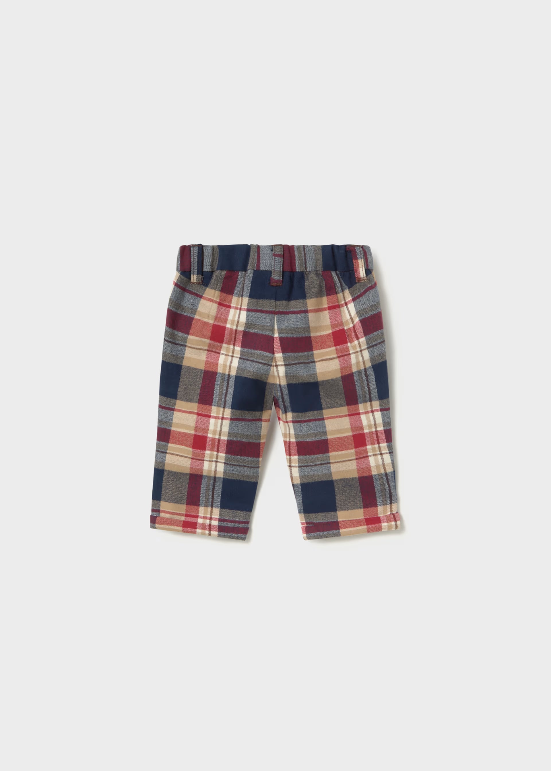 Mayoral newborn baby boys red navy and beige check trousers front view