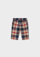 Mayoral newborn baby boys red navy and beige check trousers front view