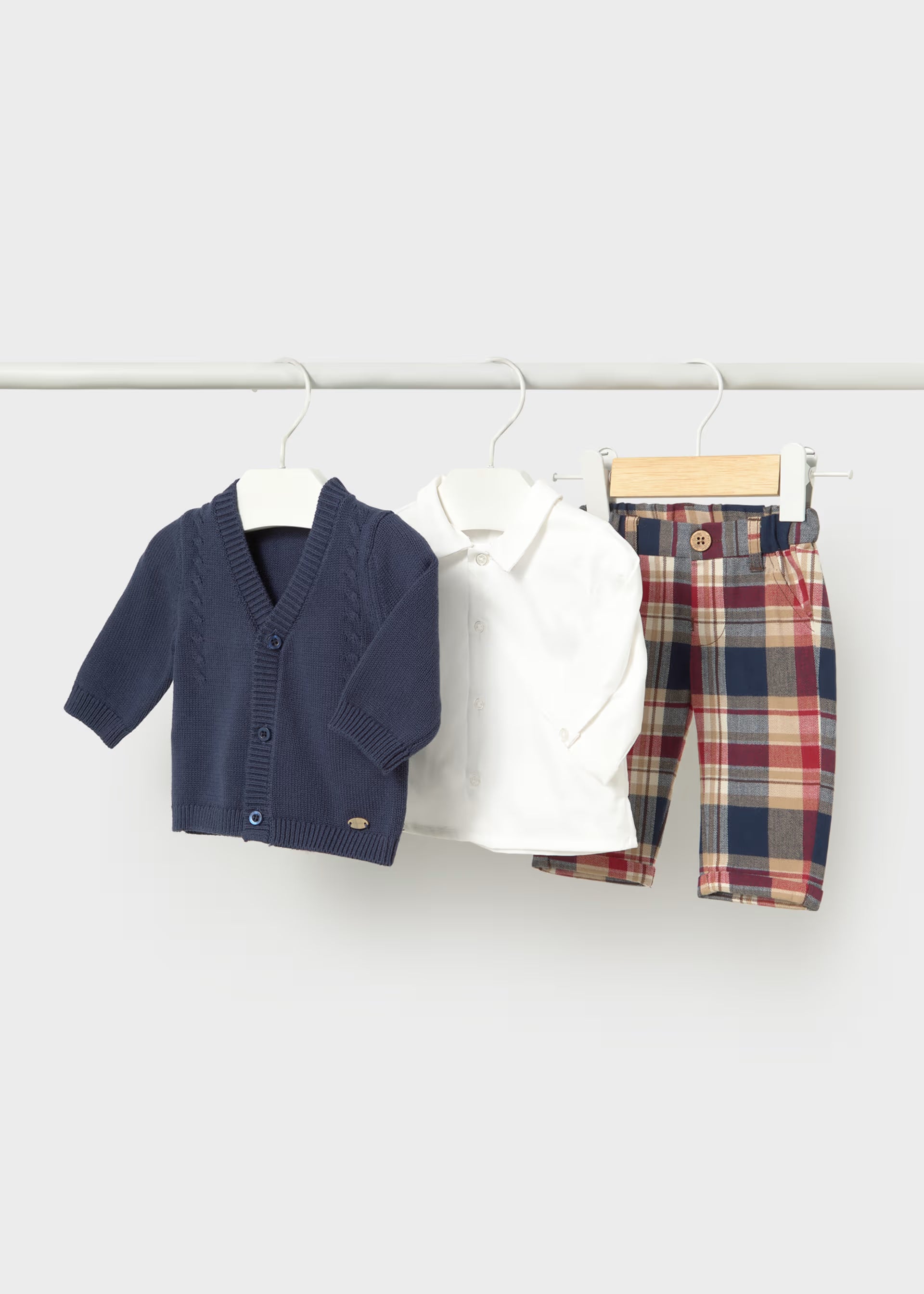 Mayoral newborn baby boys navy check three-piece outfit set with cardigan, white shirt and trousers