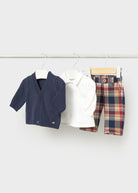 Mayoral newborn baby boys navy check three-piece outfit set with cardigan, white shirt and trousers