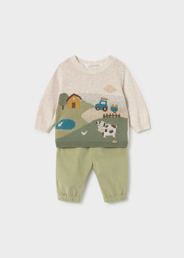     Mayoral newborn baby boys cream farm knitted jumper and green trouser outfit set