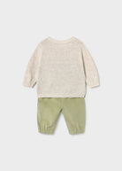 Rear view of Mayoral newborn baby boys cream jumper and cactus-green trousers