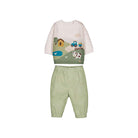     Front view of Mayoral baby boys two-piece farm knitted jumper and green trouser outfit set