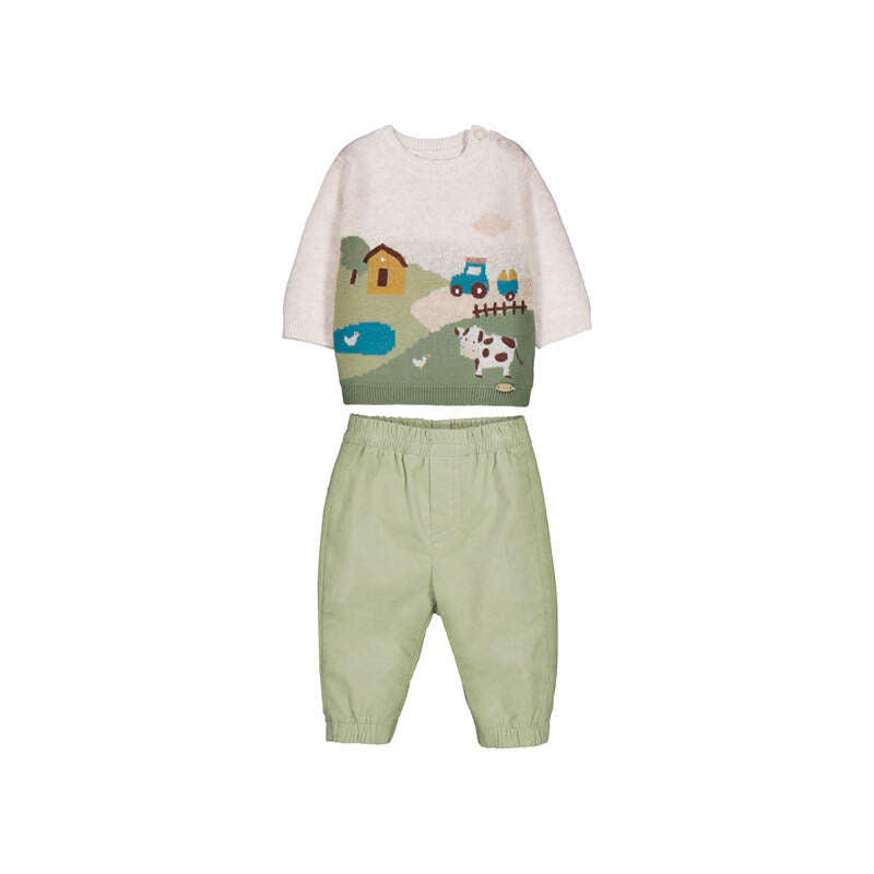     Front view of Mayoral baby boys two-piece farm knitted jumper and green trouser outfit set
