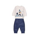 Mayoral newborn and baby boys cream ice-skating dog top with indigo blue trousers outfit set