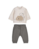 Mayoral newborn baby boys It’s a Dino Life two-piece tracksuit set with cream dinosaur sweatshirt and dark grey joggers