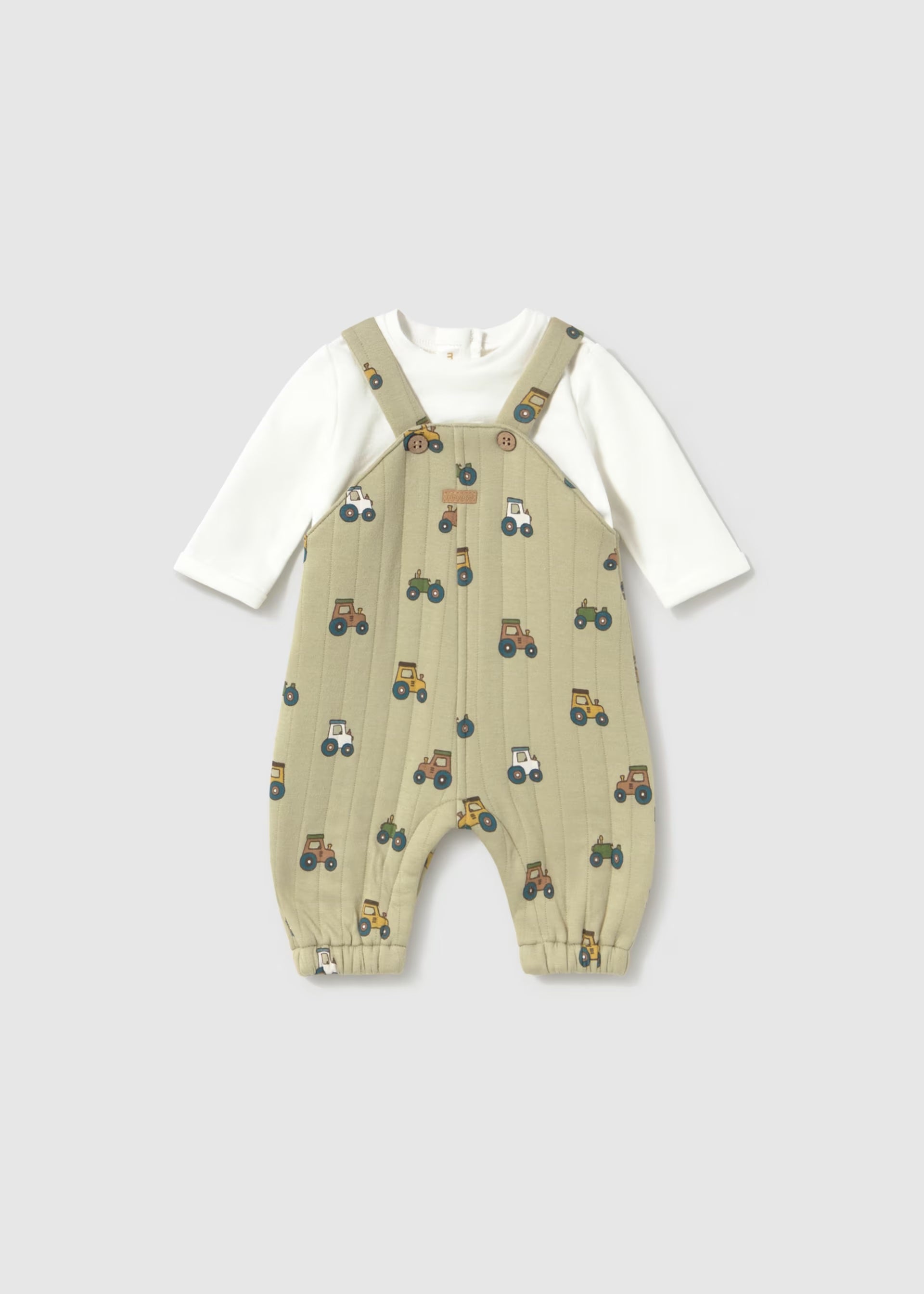     Front view of Mayoral newborn baby boys tractor dungaree two-piece outfit set