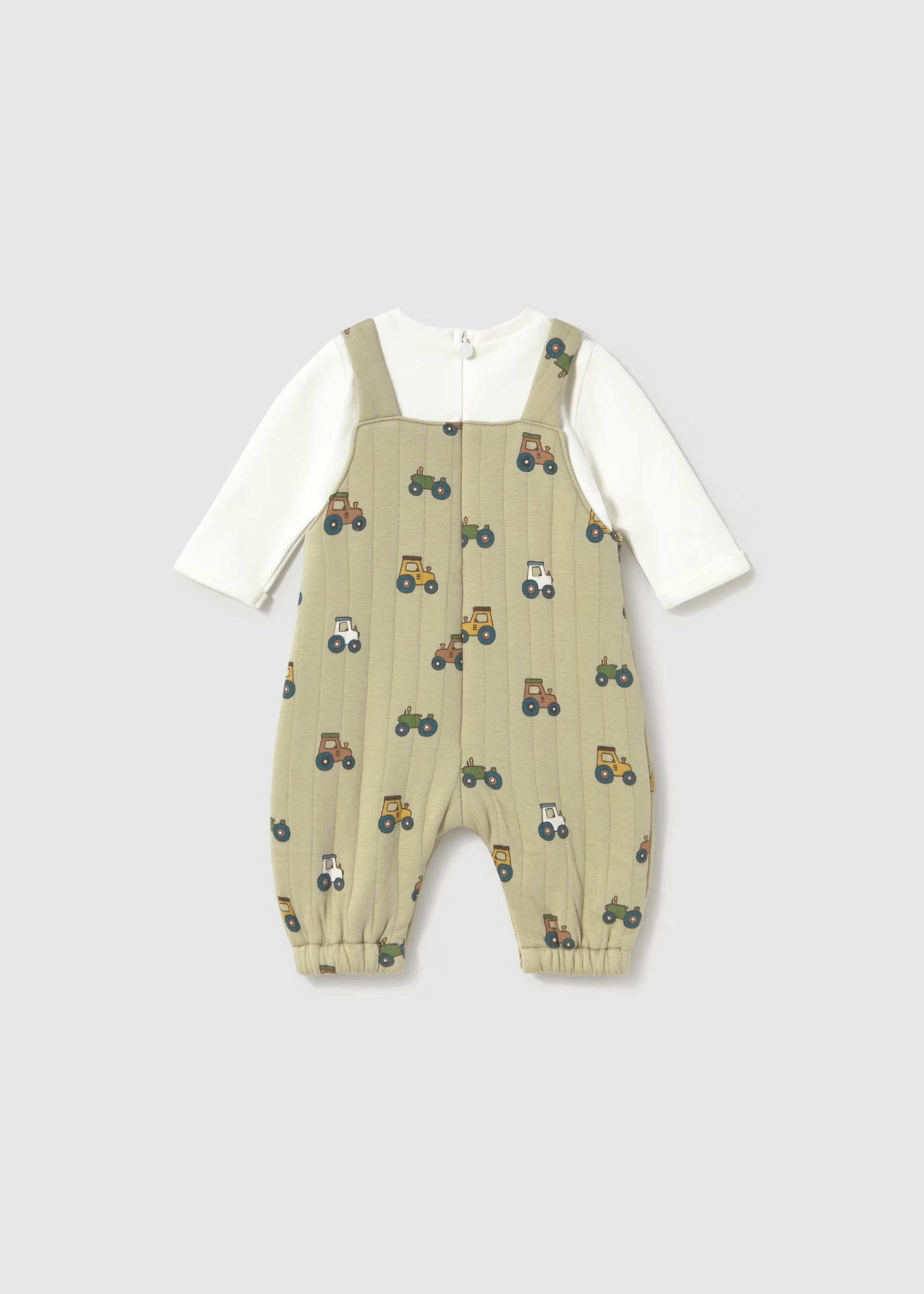     Rear view of Mayoral baby boys green tractor dungarees and cream long-sleeved top