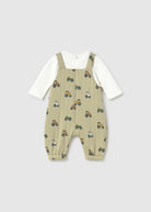     Rear view of Mayoral baby boys green tractor dungarees and cream long-sleeved top