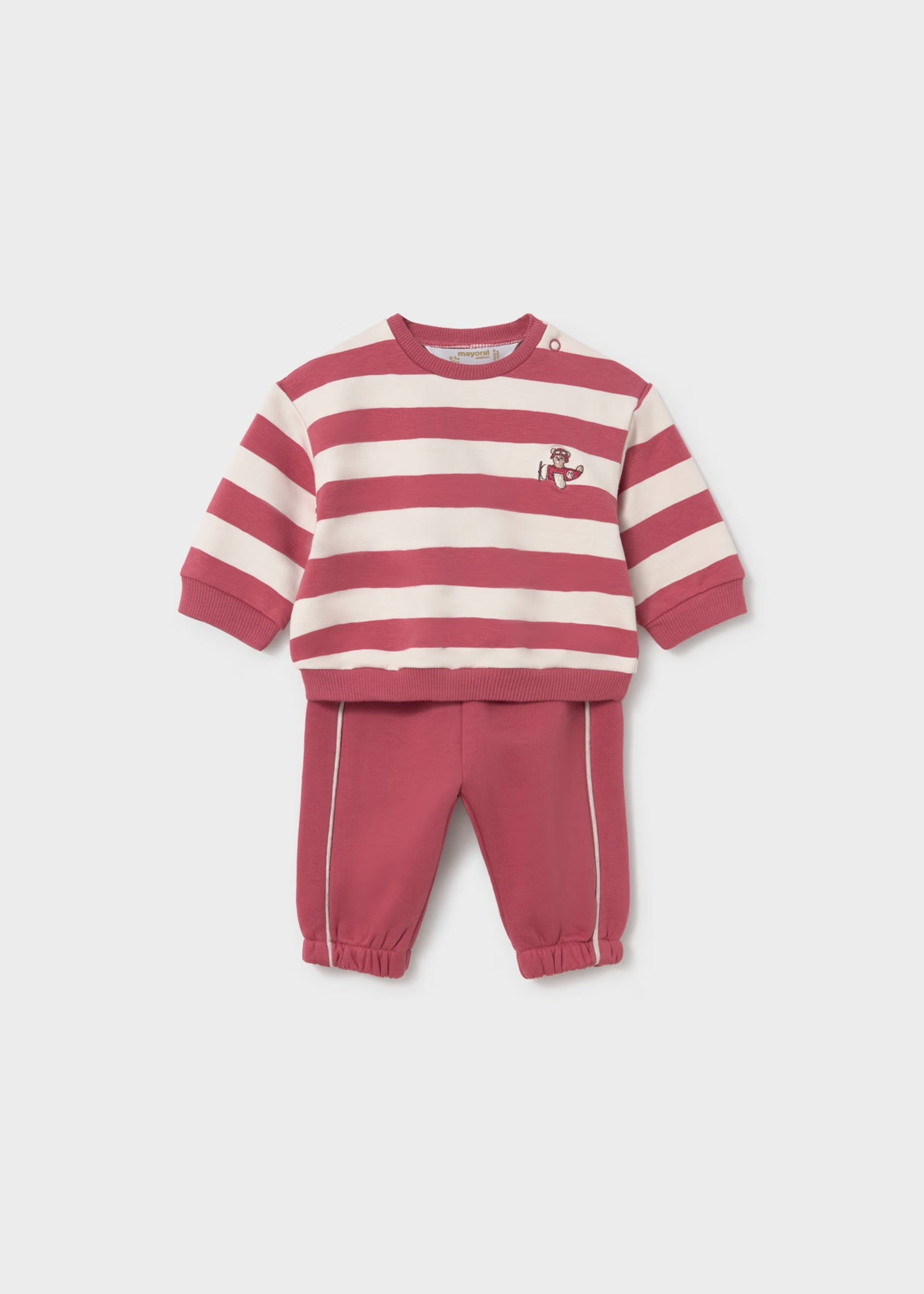 Mayoral newborn baby boys red and cream striped tracksuit with embroidered airplane sweatshirt and contrast-piped joggers