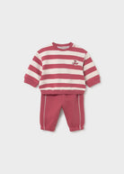 Mayoral newborn baby boys red and cream striped tracksuit with embroidered airplane sweatshirt and contrast-piped joggers