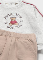 Close-up of Mayoral baby boys grey Aviation School teddy sweatshirt and elasticated taupe joggers